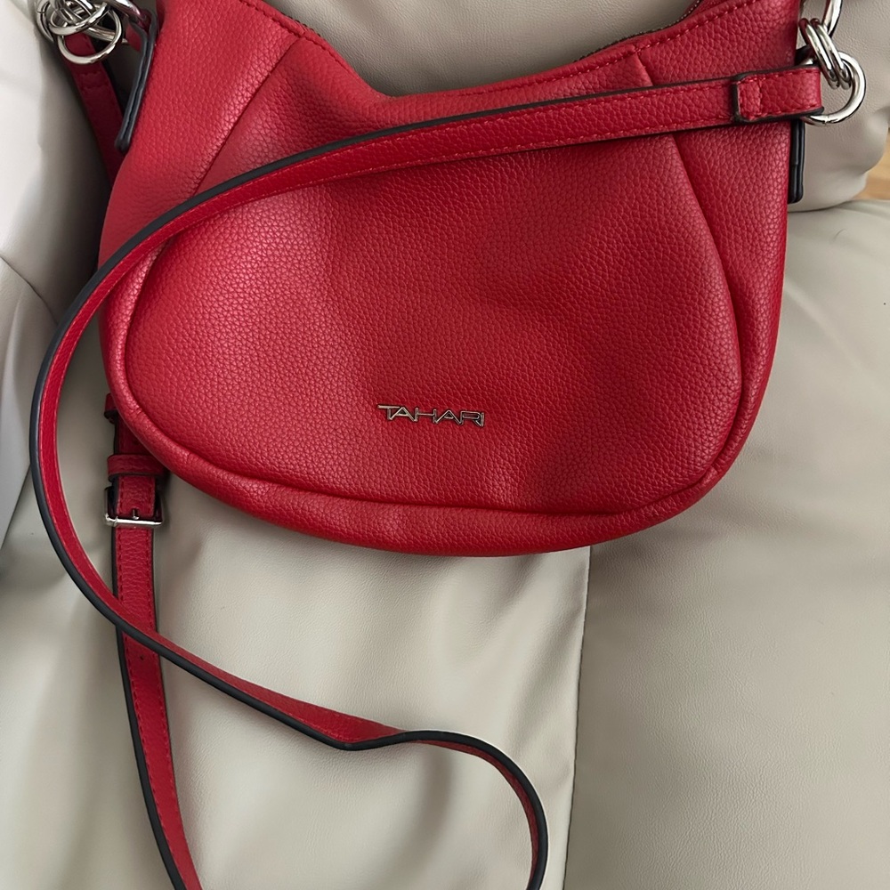 Tahari Red Pebbled Leather Saddle Crossbody Bag